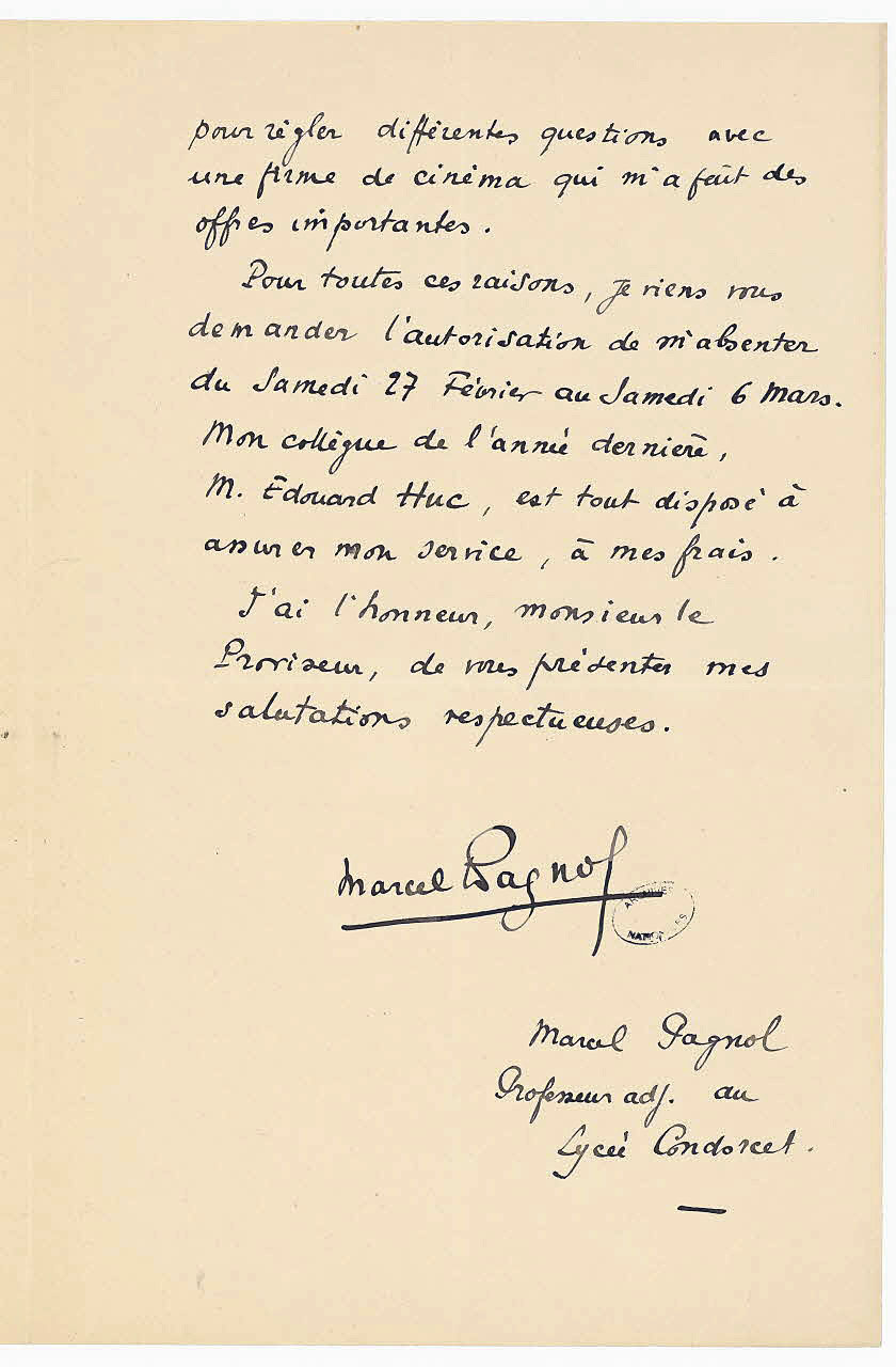 Page manuscrite évoquant l’univers de Marcel Pagnol